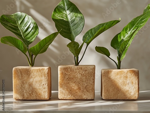 Wallpaper Mural Indoor Plants in Natural Stone Planters Create a Serene Atmosphere in a Sunlit Room Torontodigital.ca
