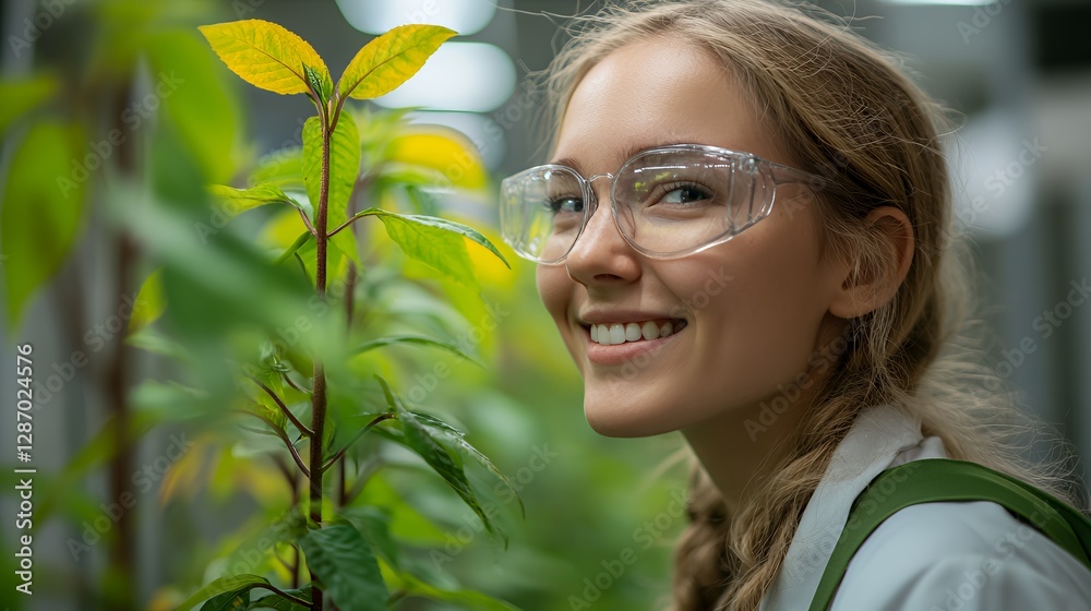 Smiling Woman in Lab Coat and Glasses Caring for Plants in a Greenhouse During the Day Smiling Woman in Lab Coat and Glasses Caring for Plants in a Greenhouse During the Day