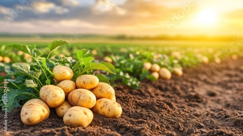 Harvesting Fresh Potatoes in Field at Sunset Agriculture and Farming