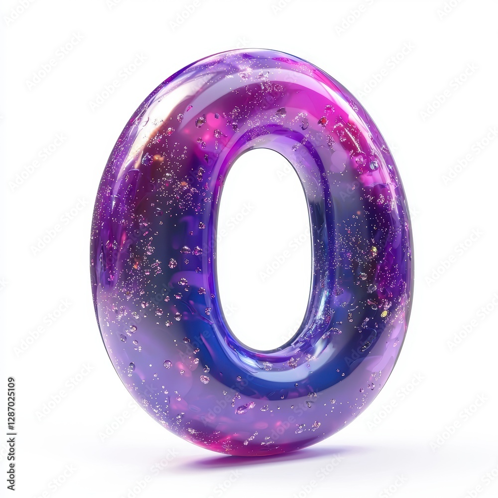 Number 0 made of glossy purple slime with holographic glitter particles suspended inside isolated on a clean white background Number 0 made of glossy purple slime with holographic glitter particles suspended inside isolated on a clean white background