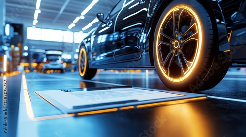 Checking New Electric Car with Neon Wheels and Futuristic Design