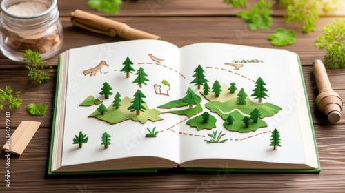 Open Book Showing Woodland Map Scene with Trees and Wooden Elements