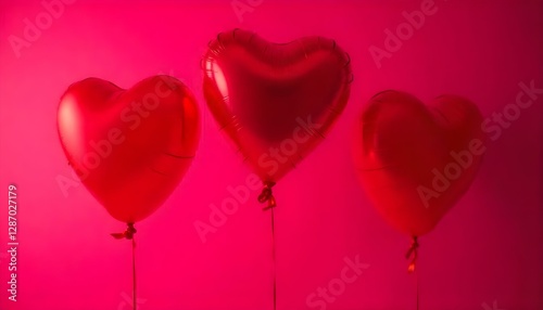 Tres globos rojos en forma de corazón atados con cintas, flotando frente a un fondo rosa liso, creando una composición sencilla y romántica
