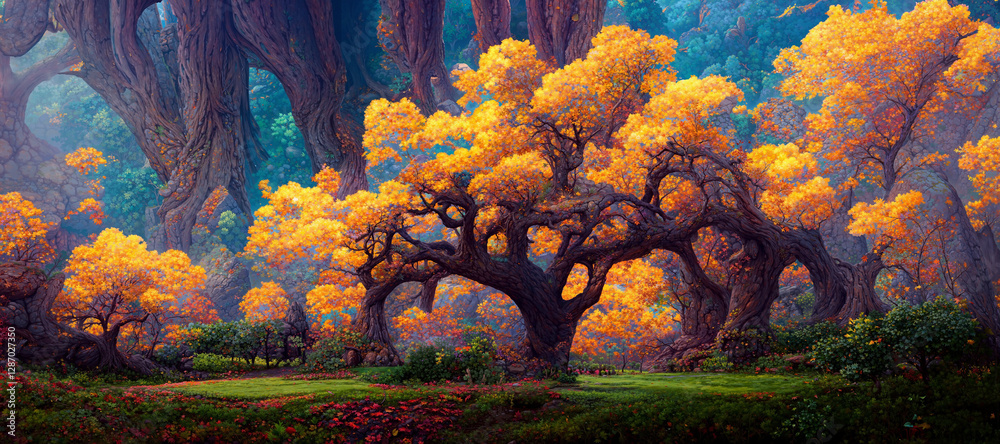 Naklejka premium Mythical Autumn season fantasy forest of ancient old trees and rustic orange leaves, captivating artistic nature aesthetic style with gorgeous fall colors