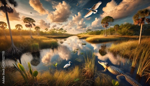 Alligator and great egret enjoying the sunset in everglades national park