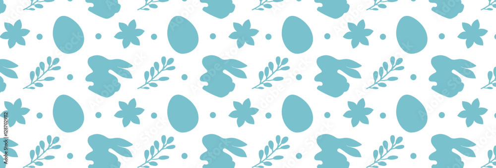 Fototapeta premium Blue pattern with silhouettes of flowers, bunnies and easter eggs on white background. Vector seamless delicate pattern. Easter holiday decor for website, packaging, greeting card design.