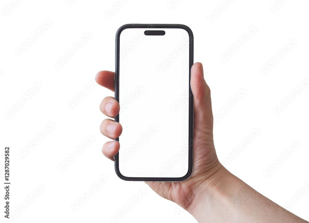 Hand holding smartphone mockup as png photo with blank screen isolated on white background. mobile phone hand mockup
