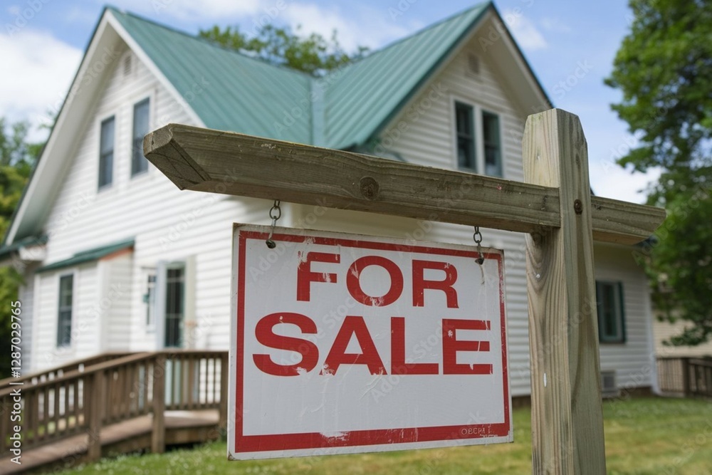 For sale sign with a house in background For sale sign with a house in background