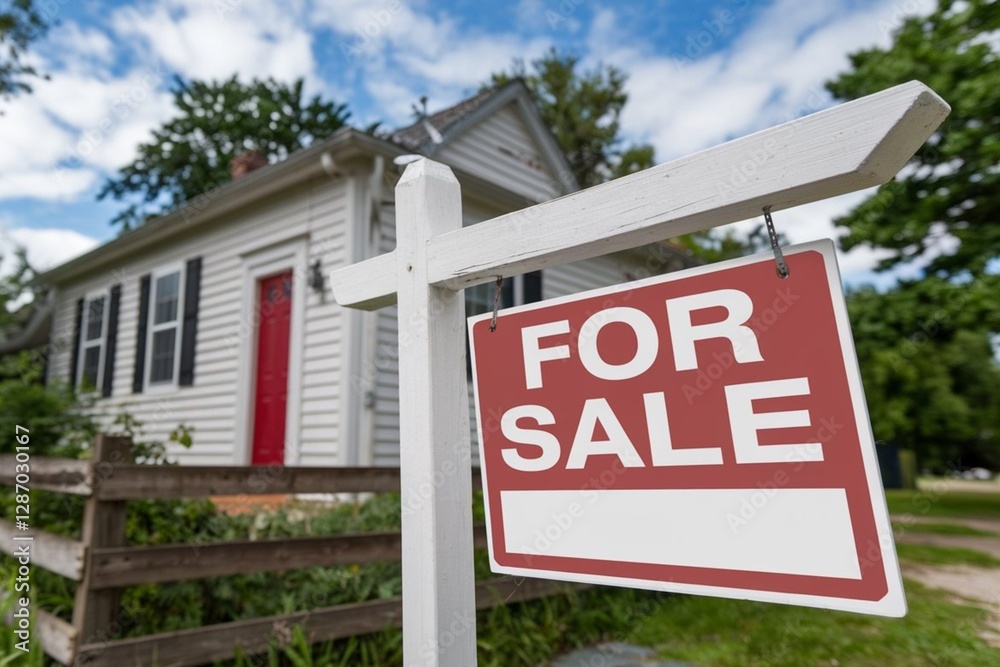For sale sign with a house in background For sale sign with a house in background