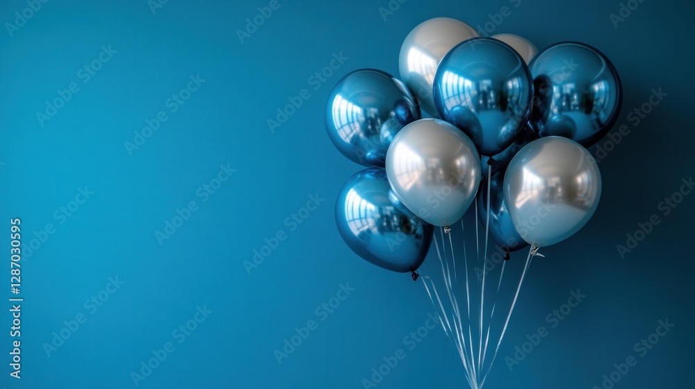 A blue backdrop is adorned with silver and blue balloons, leaving plenty of room for your message. A blue backdrop is adorned with silver and blue balloons, leaving plenty of room for your message.