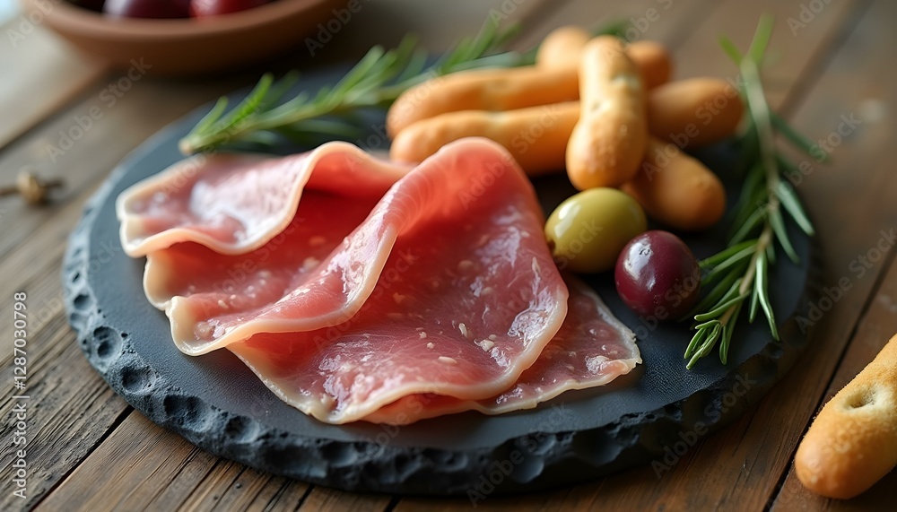Rebanadas de prosciutto con palitos de pan y aceitunas sobre un plato de piedra negra, ramitas de romero, fondo marrón Rebanadas de prosciutto con palitos de pan y aceitunas sobre un plato de piedra negra, ramitas de romero, fondo marrón