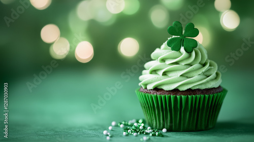 Wallpaper Mural Saint Patrick's Day chocolate Cupcake with Green Frosting and four leaves Clover or shamrock on a green Background Torontodigital.ca