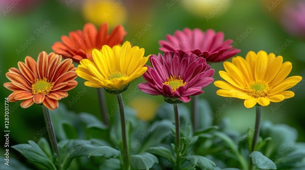 Colorful flowers in a garden setting; vibrant display of nature Colorful flowers in a garden setting; vibrant display of nature