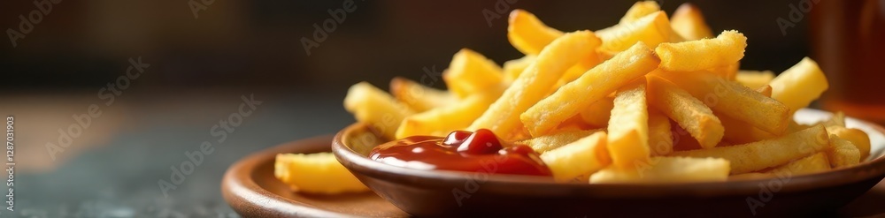 Crunchy French fries dipped into a side of ketchup sauce , bowl, utensil, lunch Crunchy French fries dipped into a side of ketchup sauce , bowl, utensil, lunch