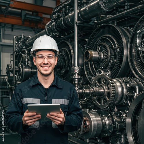 A safety engineer with a tablet studies factory equipment against a backdrop of huge turbines and machines