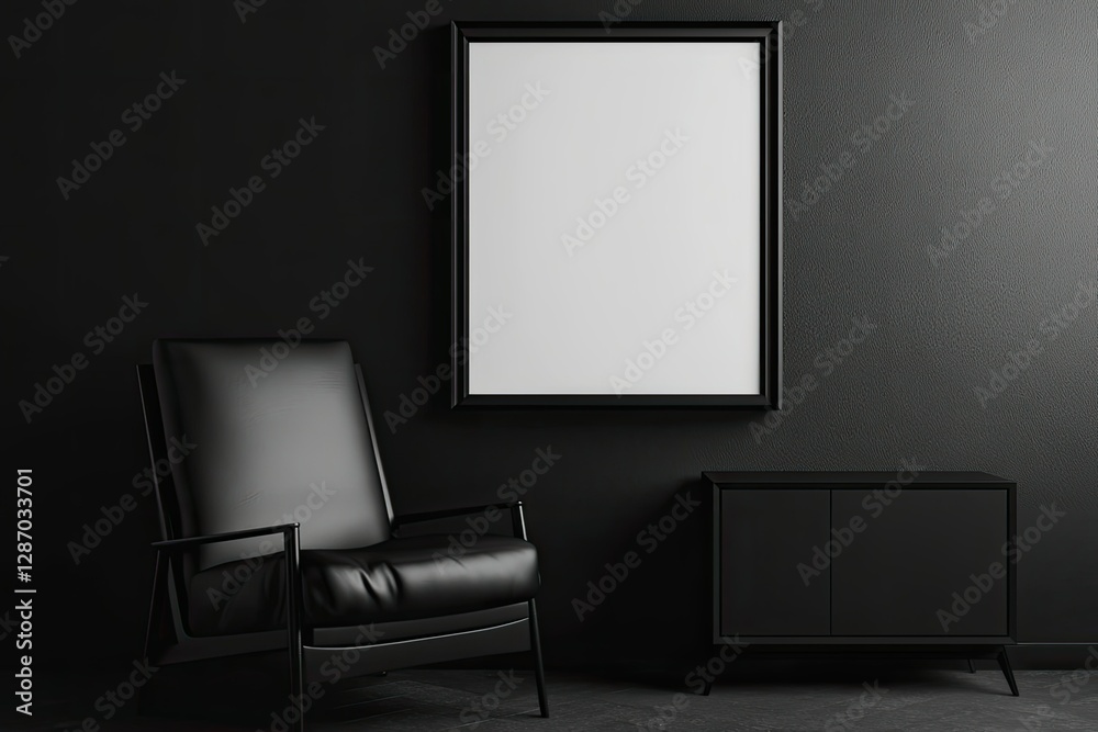 Modern black room, empty frame, chair, and cabinet Modern black room, empty frame, chair, and cabinet