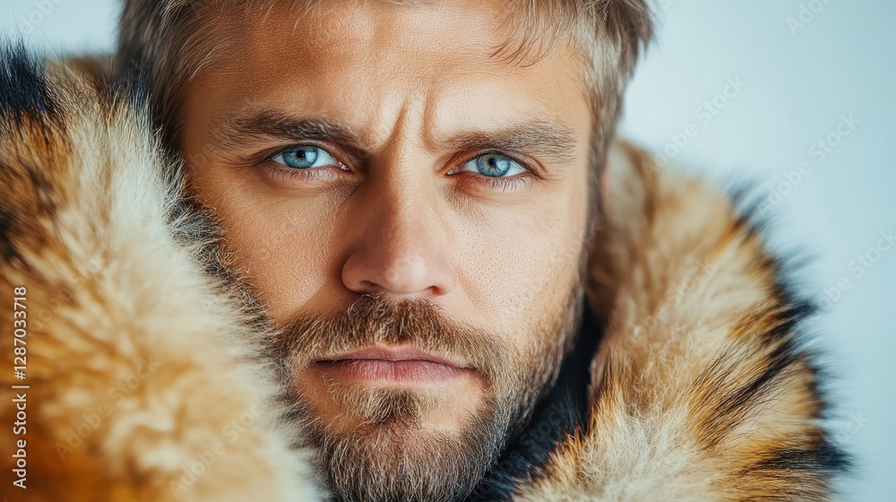 A striking portrait of a rugged man adorned in a luxurious fur coat, showcasing his captivating blue eyes against a soft, neutral background, exuding confidence and strength. A striking portrait of a rugged man adorned in a luxurious fur coat, showcasing his captivating blue eyes against a soft, neutral background, exuding confidence and strength.