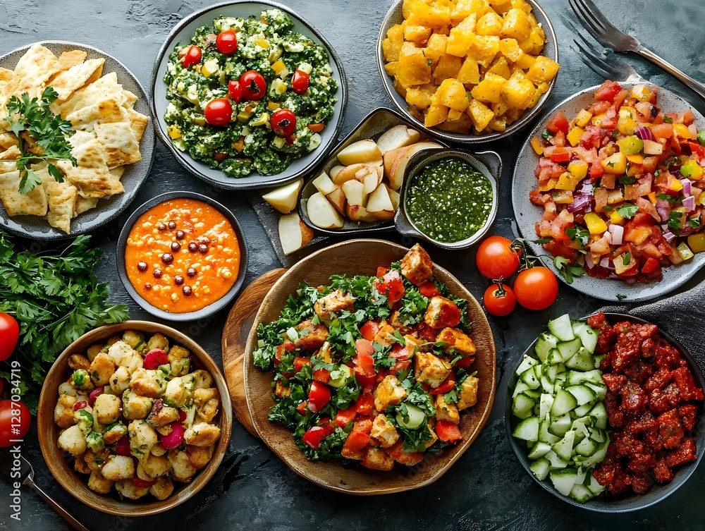 A Culinary Symphony: An appetizing array of dishes awaits. Vivid colors and textures abound in this exquisite overhead shot. The focus is on showcasing the wide variety of delicious food. A Culinary Symphony: An appetizing array of dishes awaits. Vivid colors and textures abound in this exquisite overhead shot. The focus is on showcasing the wide variety of delicious food.