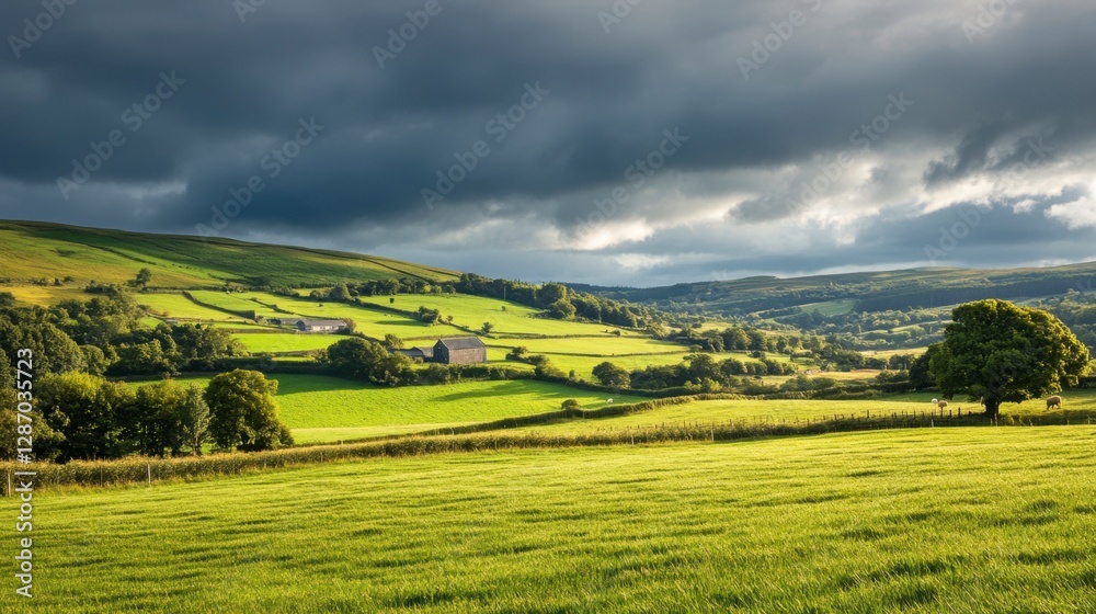 Fototapeta premium Tranquil Landscape of Lush Green Fields and Dramatic Skies