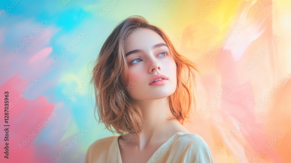 Fototapeta premium Serene Young Woman: Gazing Upwards on Pastel Dreamy Background, Hopeful