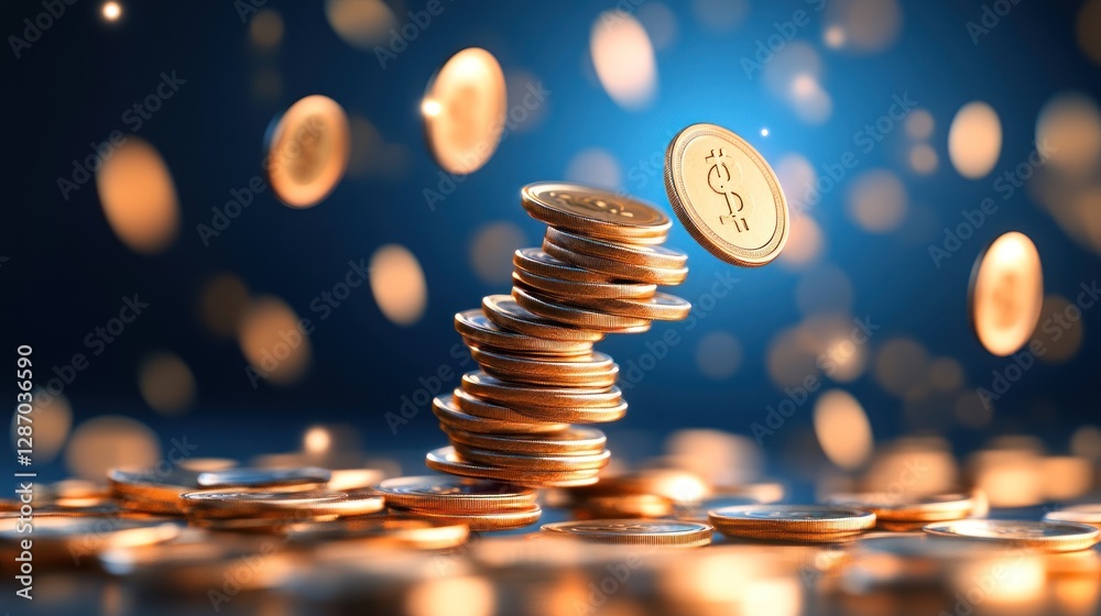 Obraz premium Gold Coins Falling and Stacking Financial Growth Concept on Blue Background