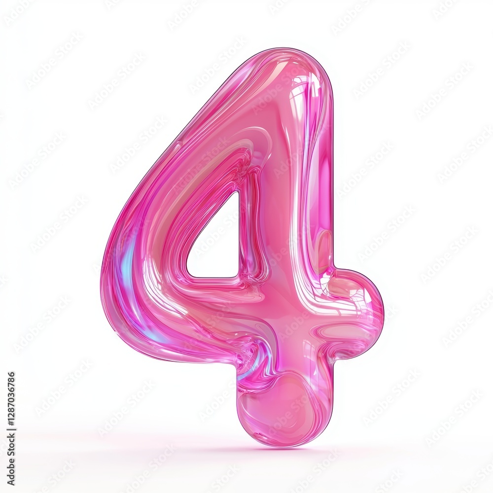 Number 4 made of vibrant neon pink liquid with swirling motion and glossy reflections isolated on a clean white background Number 4 made of vibrant neon pink liquid with swirling motion and glossy reflections isolated on a clean white background