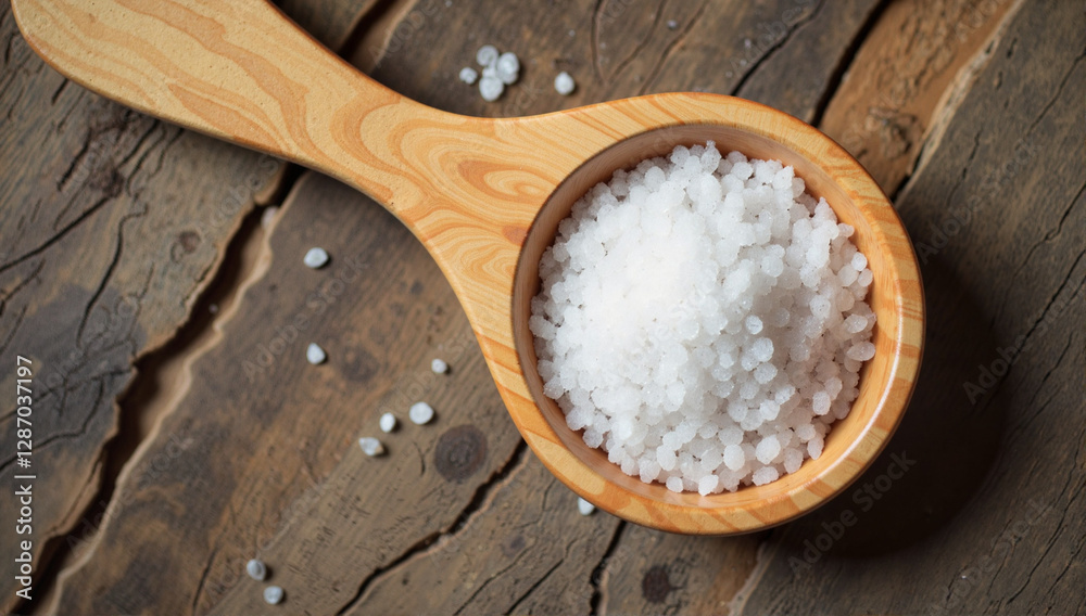 Rustic wooden spoon filled with coarse sea salt on textured table, simplicity Rustic wooden spoon filled with coarse sea salt on textured table, simplicity