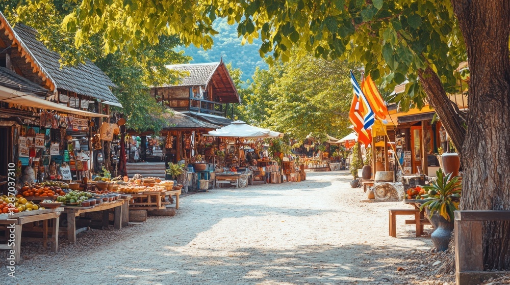 Obraz premium Walking Through a Vibrant Thai Market Street on a Sunny Day