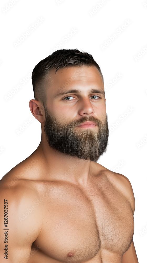 Fototapeta premium A shirtless muscular man with a trimmed beard, isolated on a transparent background. Great for fitness and health concepts.
