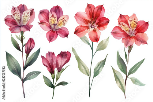 Set of Watercolor burgundy alstroemeria. Illustration clipart isolated on white background.