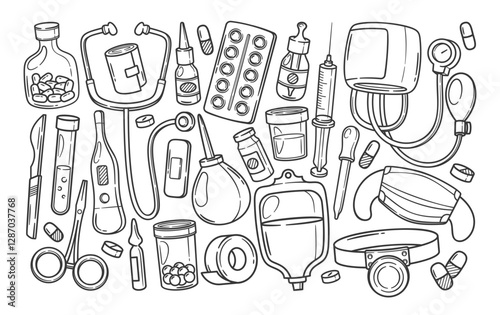 Medical equipment, healthcare stuff and tools, pharmaceutical flasks doodle elements lab symbols set