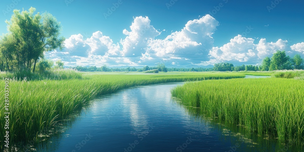 Serene River Landscape: A Tranquil Vista of Lush Green Meadows Under a Sunny Sky Serene River Landscape: A Tranquil Vista of Lush Green Meadows Under a Sunny Sky