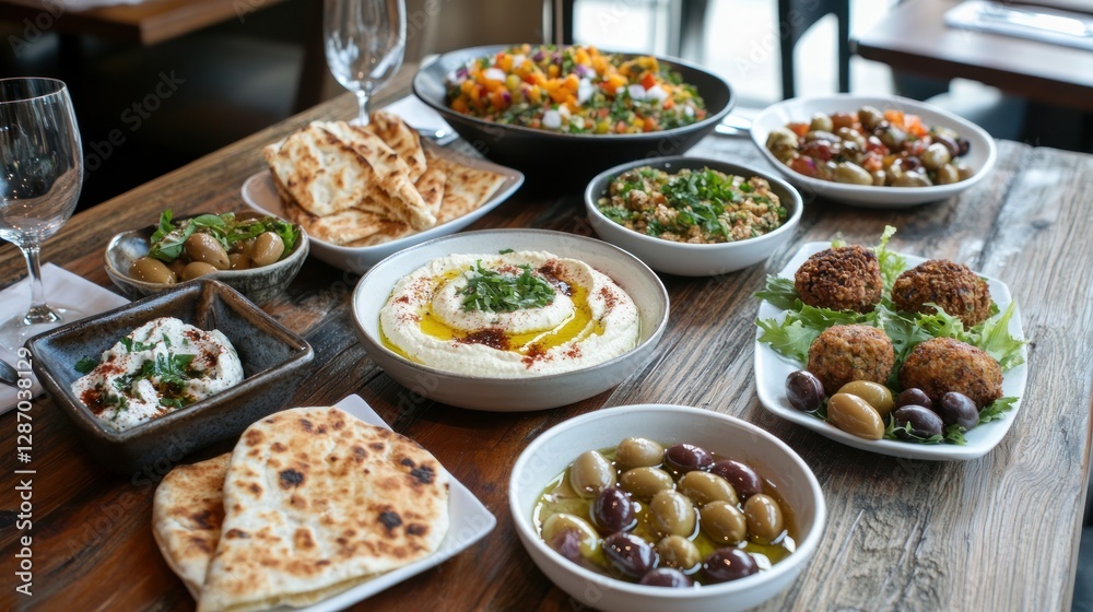 Assorted Middle Eastern Appetizers Featuring Hummus Falafel and Pita Bread
