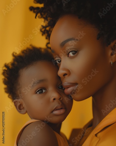A Black mother holds her baby close against a sunny yellow backdrop, capturing a tender moment filled with love and connection