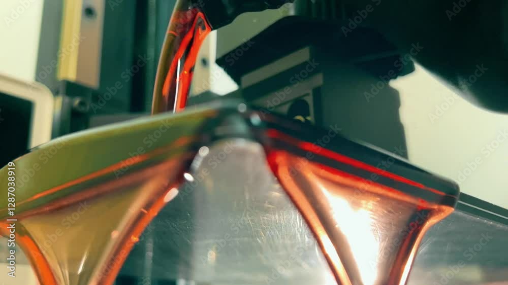 Pouring transparent red photopolymer or photosensitive resin into a modern SLA 3D printer before the printing, close-up