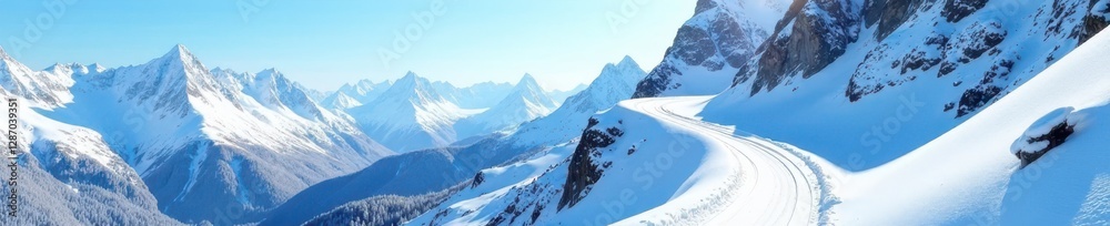 Obraz premium Twisting snowy road climbs steep mountain, blue sky , frost, landscape