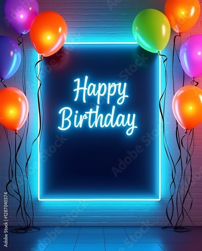 Stylish neon birthday celebration scene with glowing text, helium balloons, and a futuristic vibe. Ideal for modern party themes, event decor, and digital artwork.