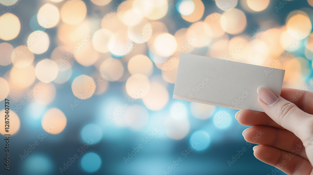 Hand gripping blank business card with festive bokeh lights backdrop, offering marketing space for seasonal promotional design Hand gripping blank business card with festive bokeh lights backdrop, offering marketing space for seasonal promotional design