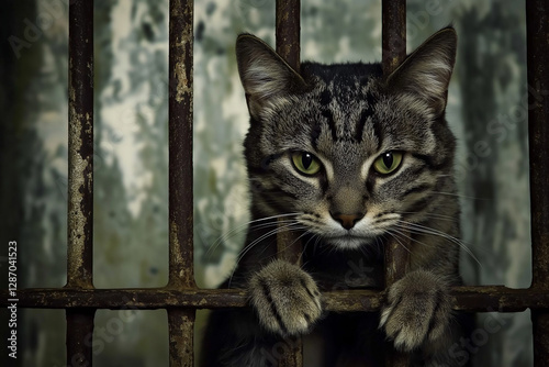 American Shorthair cat with piercing eyes locked behind bars, showcasing a feline portrait in captivity