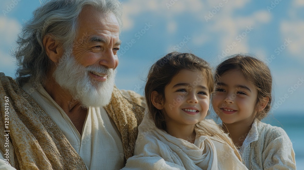 Elderly man with children on beach, faith, hope Elderly man with children on beach, faith, hope