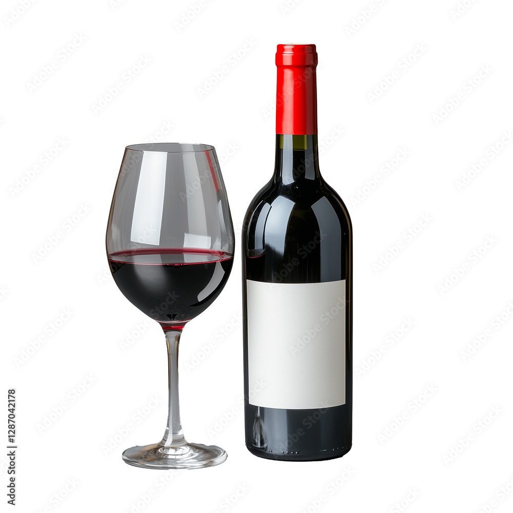 Elegant red wine bottle and glass with blank label