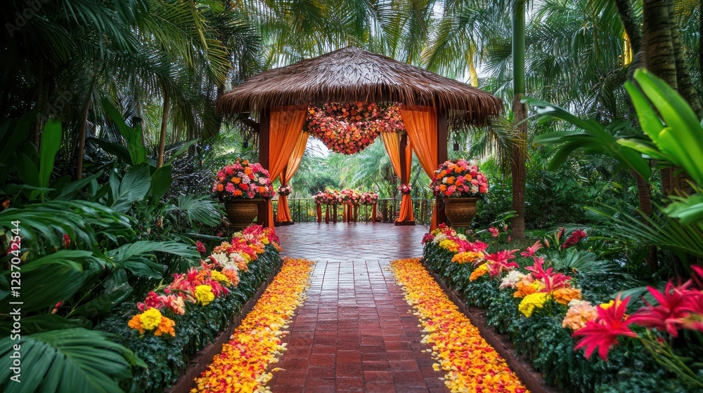 Obraz premium Floral Gazebo Wedding Venue with Flower Petal Path and Lush Greenery