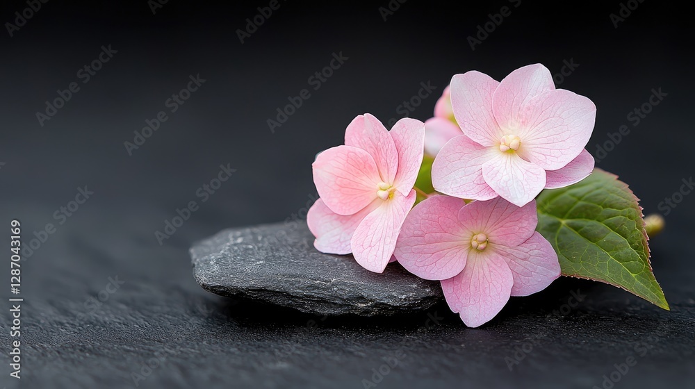 Pink Hydrangea Flowers on Dark Stone, Peaceful Still Life, Home Decor, Soft Background Pink Hydrangea Flowers on Dark Stone, Peaceful Still Life, Home Decor, Soft Background