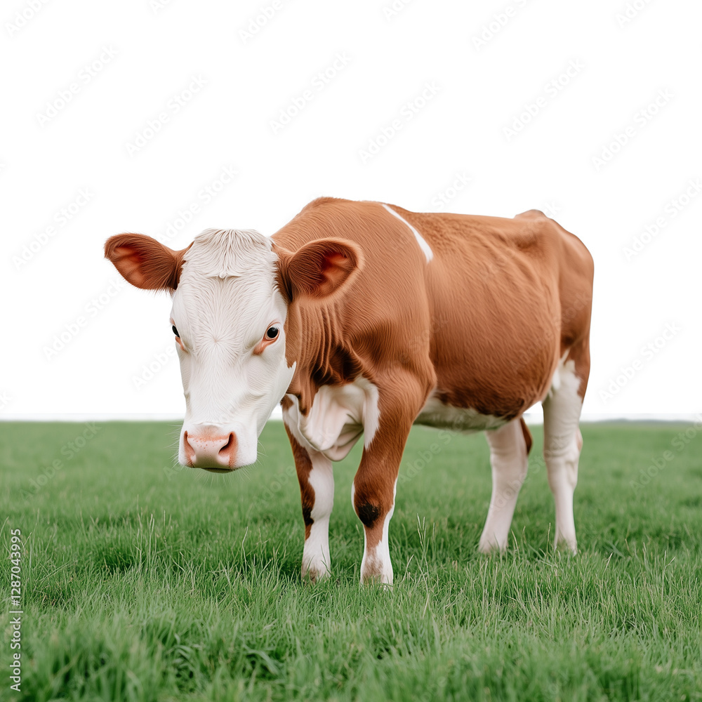 Young calf standing on green grass with transparent background Young calf standing on green grass with transparent background
