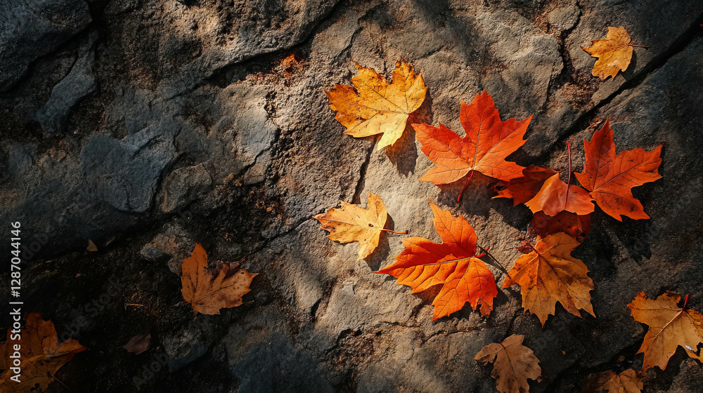 Autumn maple leaves on textured rock surface with varied light and shadow play Autumn maple leaves on textured rock surface with varied light and shadow play