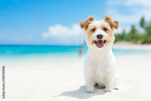 Jack Russell dog enjoying a beach day with happy vibes under the sunshine in summer vacation