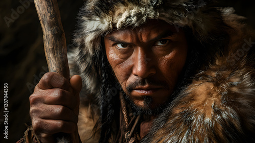 A tribal hunter dressed in traditional furs and leather holding a handmade spear ready to strike.