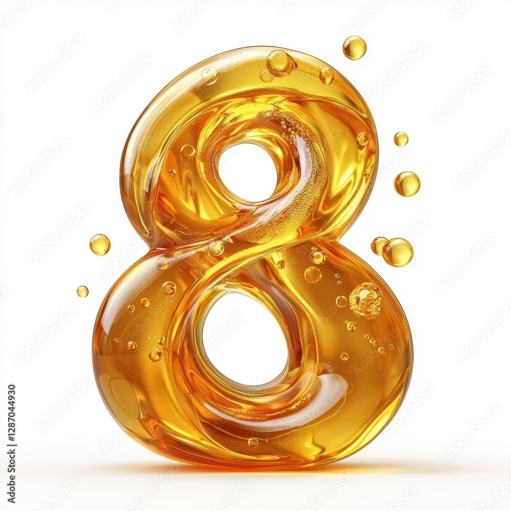 Number 8 made of swirling golden honey with suspended air bubbles isolated on a clean white background Number 8 made of swirling golden honey with suspended air bubbles isolated on a clean white background