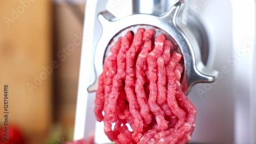 A close-up side view of a metal meat grinder, from which red minced meat from pork and beef comes out against the background of wood and vegetables. The concept of cooking, healthy food, dietary and
