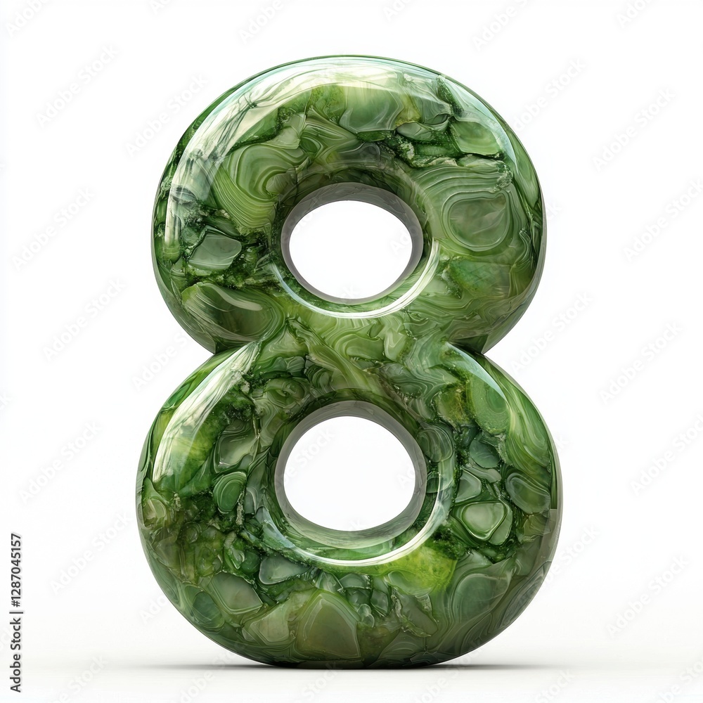 Number 8 made of smooth green jade with semi-translucent mineral texture and natural swirl patterns isolated on a clean white background Number 8 made of smooth green jade with semi-translucent mineral texture and natural swirl patterns isolated on a clean white background